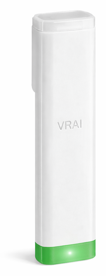 VRAIVAL white handheld device with green illuminated indicator